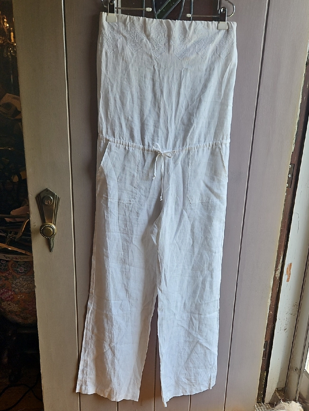 La Blanca White Linen Strapless Wide-Leg Jumpsuit